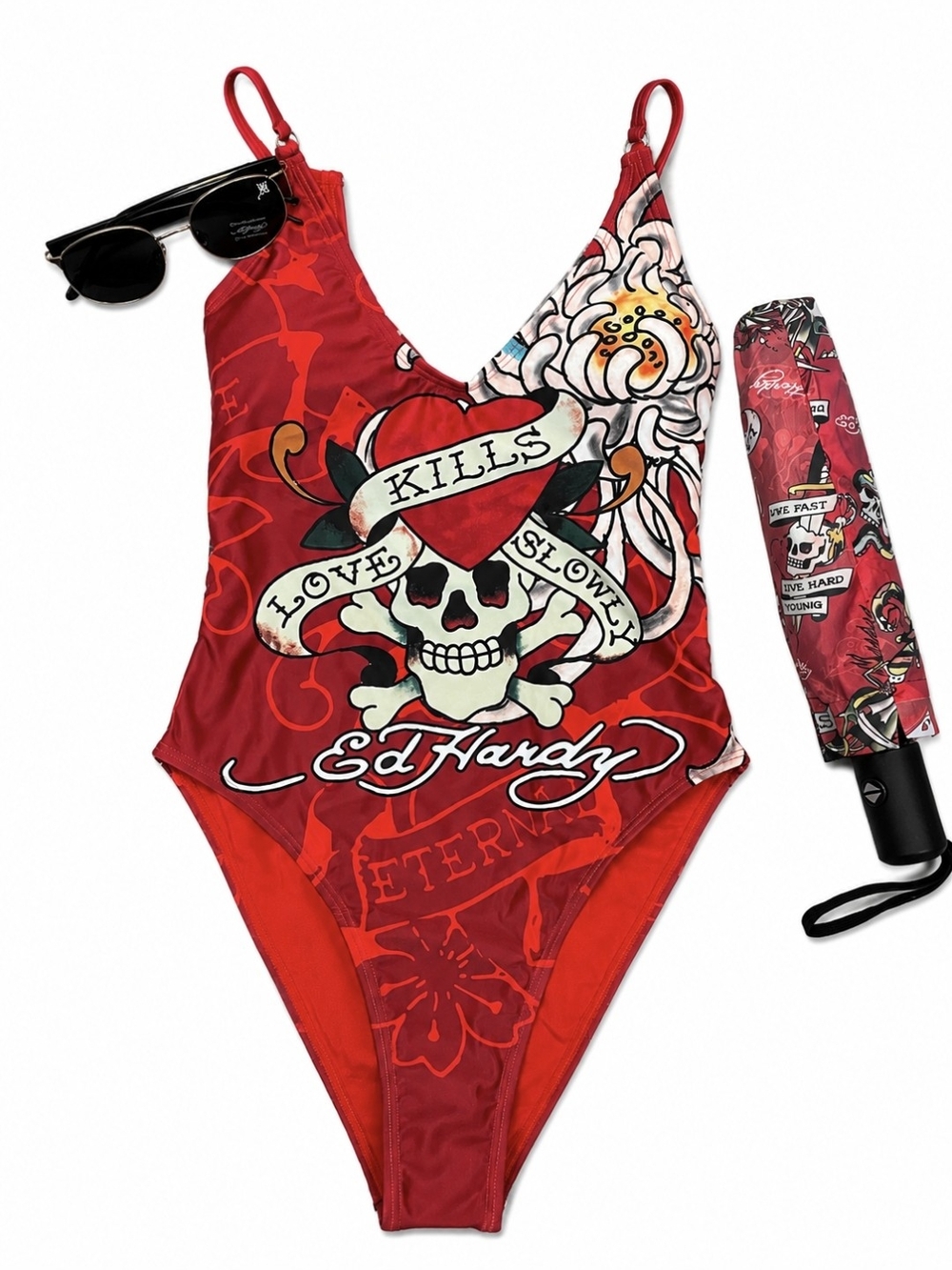 🆕️Ed Hardy 3Pc Bundle One Piece Swimsuit Sunglasses Umbrella Red NWT